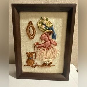 Vtg 70's 1979 Sunday Walk Gail Nelson Girl & Dog Crewel Embroidery Wood Frame